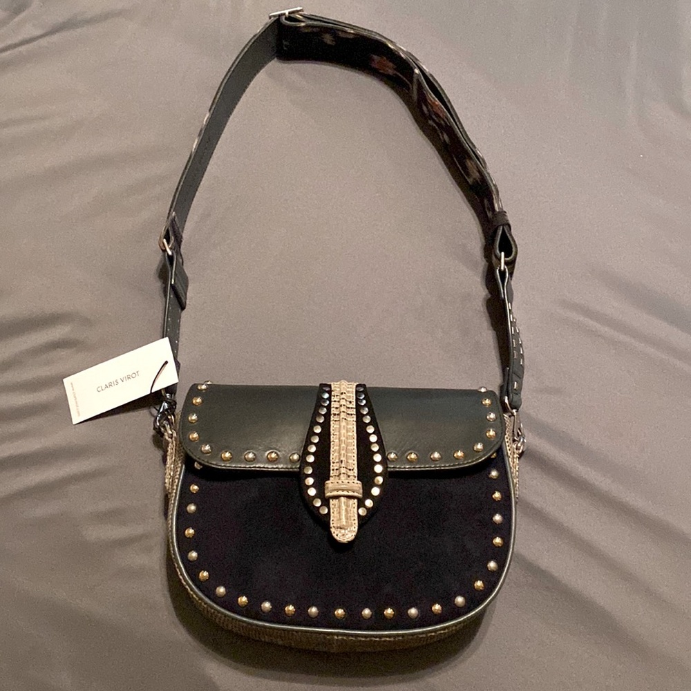 Claris Virot Lizard Crossbody Bag Andrea Grey Studs (NWT)